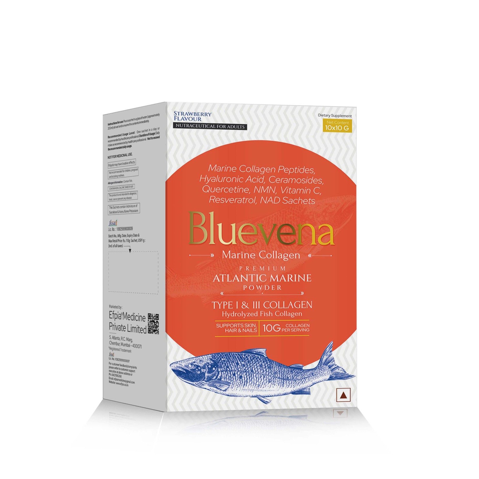 Marine Collagen Peptides, Hyaluronic Acid, Ceramosides, Quercetin, NMN, Vitamin C, Resveratrol & NAD Sachets - Bluevena Marine Collagen Sachet