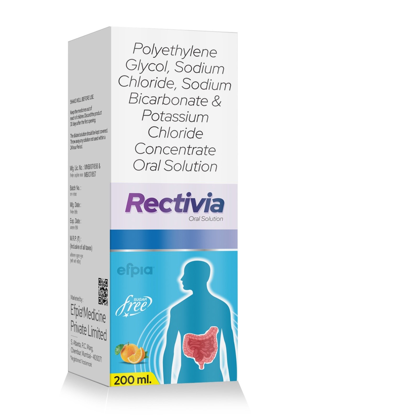 Polyethylene Glycol, Sodium Chloride, Sodium Bicarbonate & Potassium Chloride Concentrate Oral Solution - Rectivia Solution - Efpia Medicine
