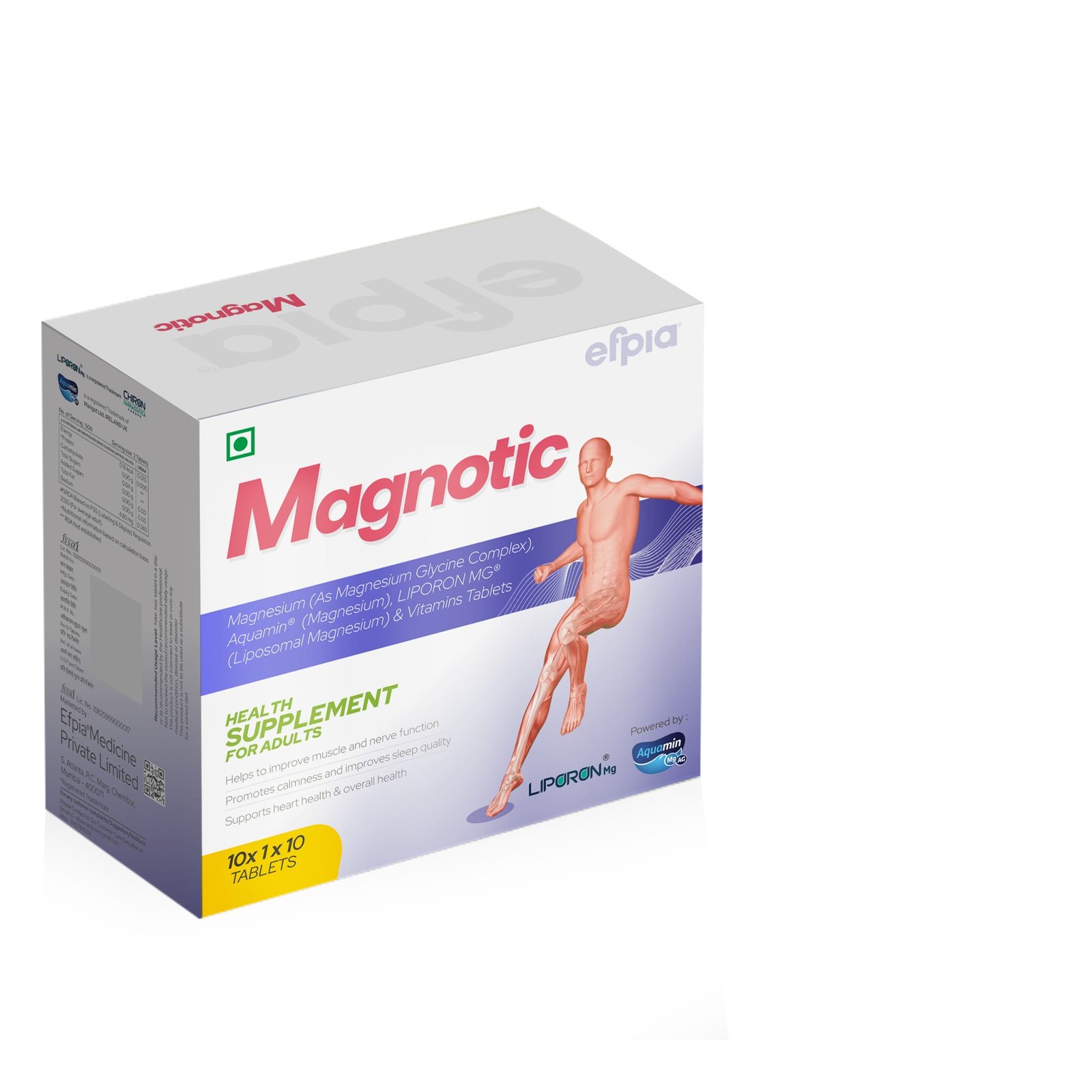 Magnesium (as Magnesium Glycine Complex), Aquamine Magnesium, Liposomal Magnesium (LIPORON MG) & Vitamins Tablets - Magnotic Tablets - Efpia Medicine