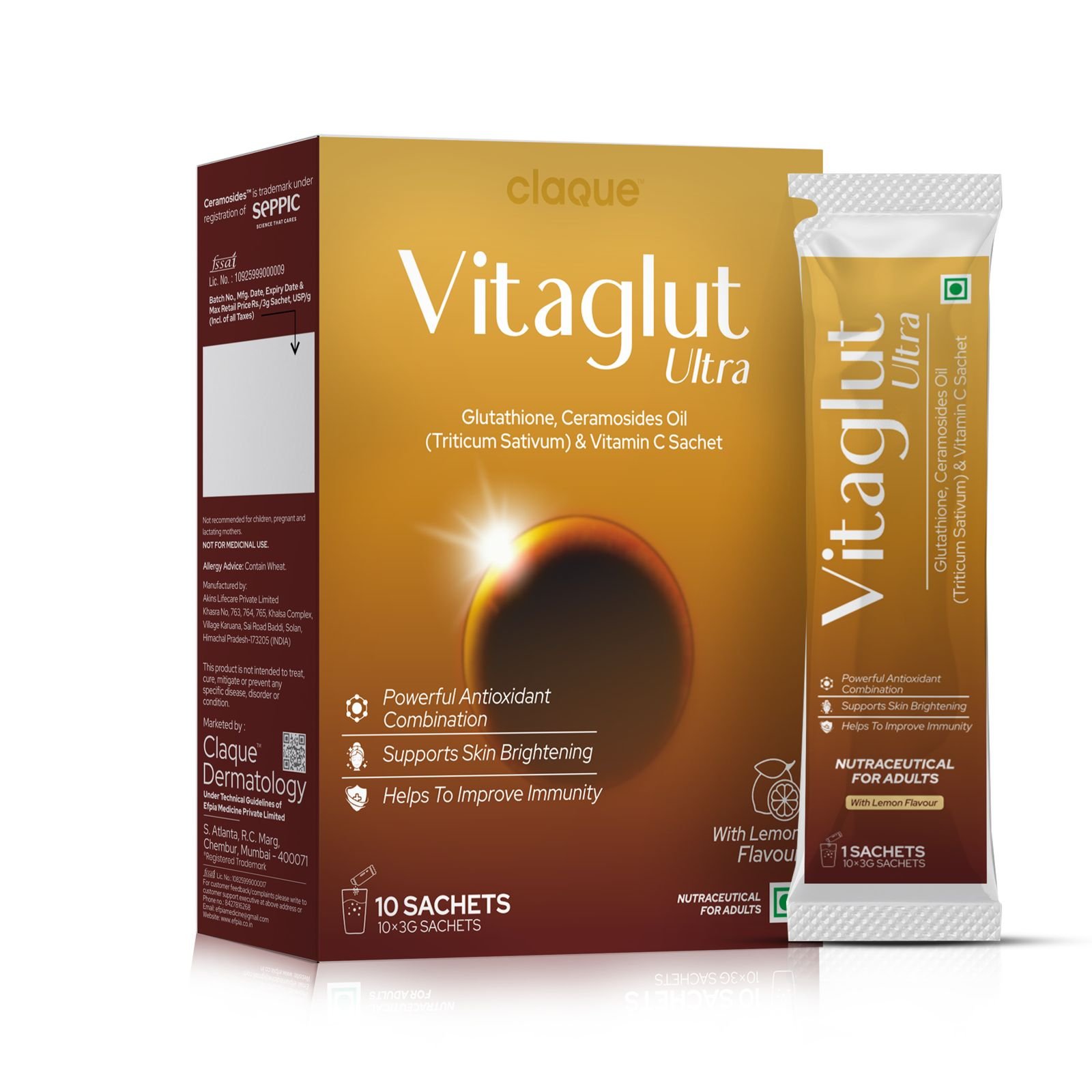 Glutathione, Ceramides Oil, Triticum sativum & Vitamin C Sachets - VITAGLUT ULTRA SACHET - Efpia Medicine