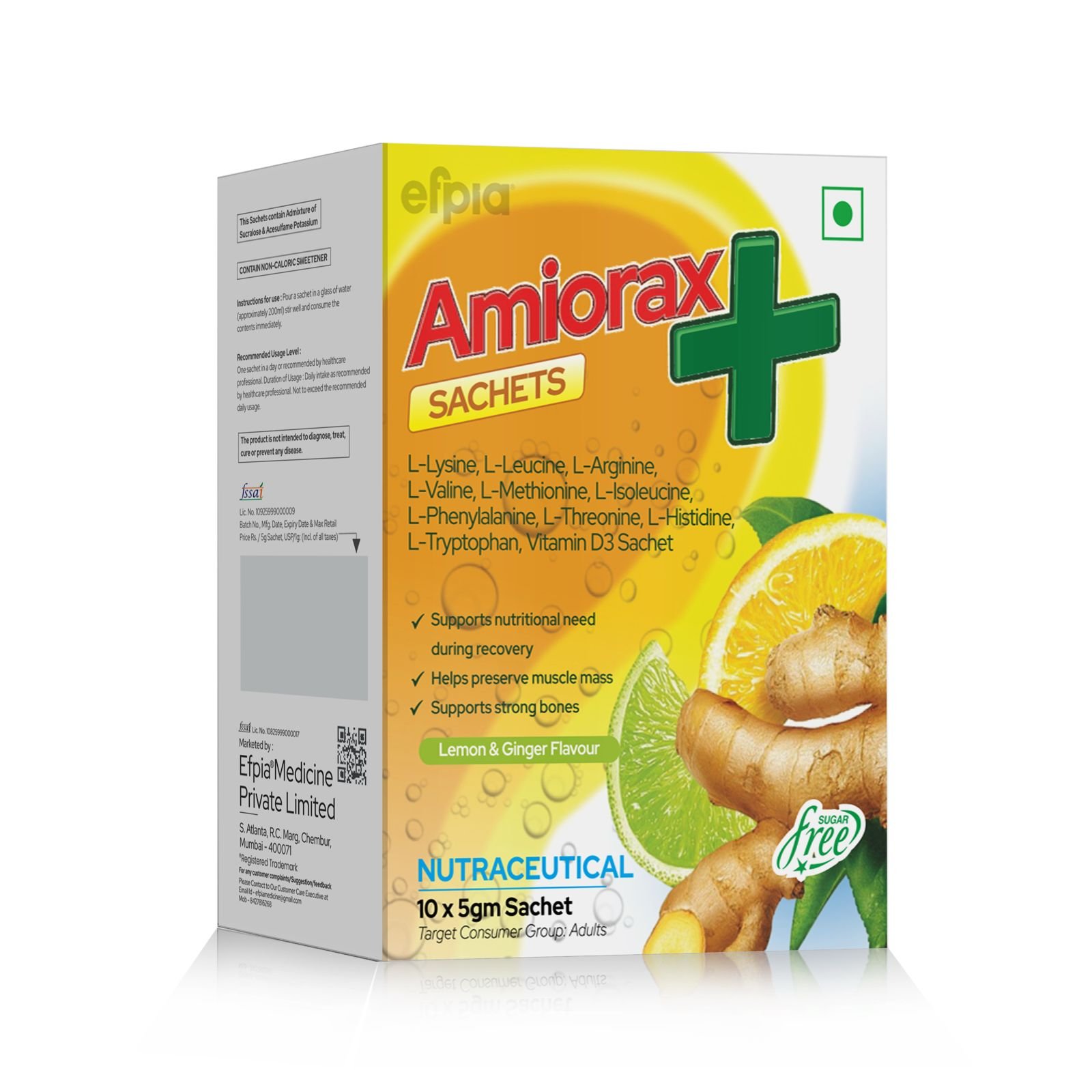 L-Lysine + L-Leucine + L-Arginine + L-Valine + L-Methionine + L-Isoleucine + L-Phenylalanine + L-Threonine + L-Histidine + L-Tryptophan & Vitamin D3 Sachet - AMIORAX PLUS SACHETS - Efpia Medicine