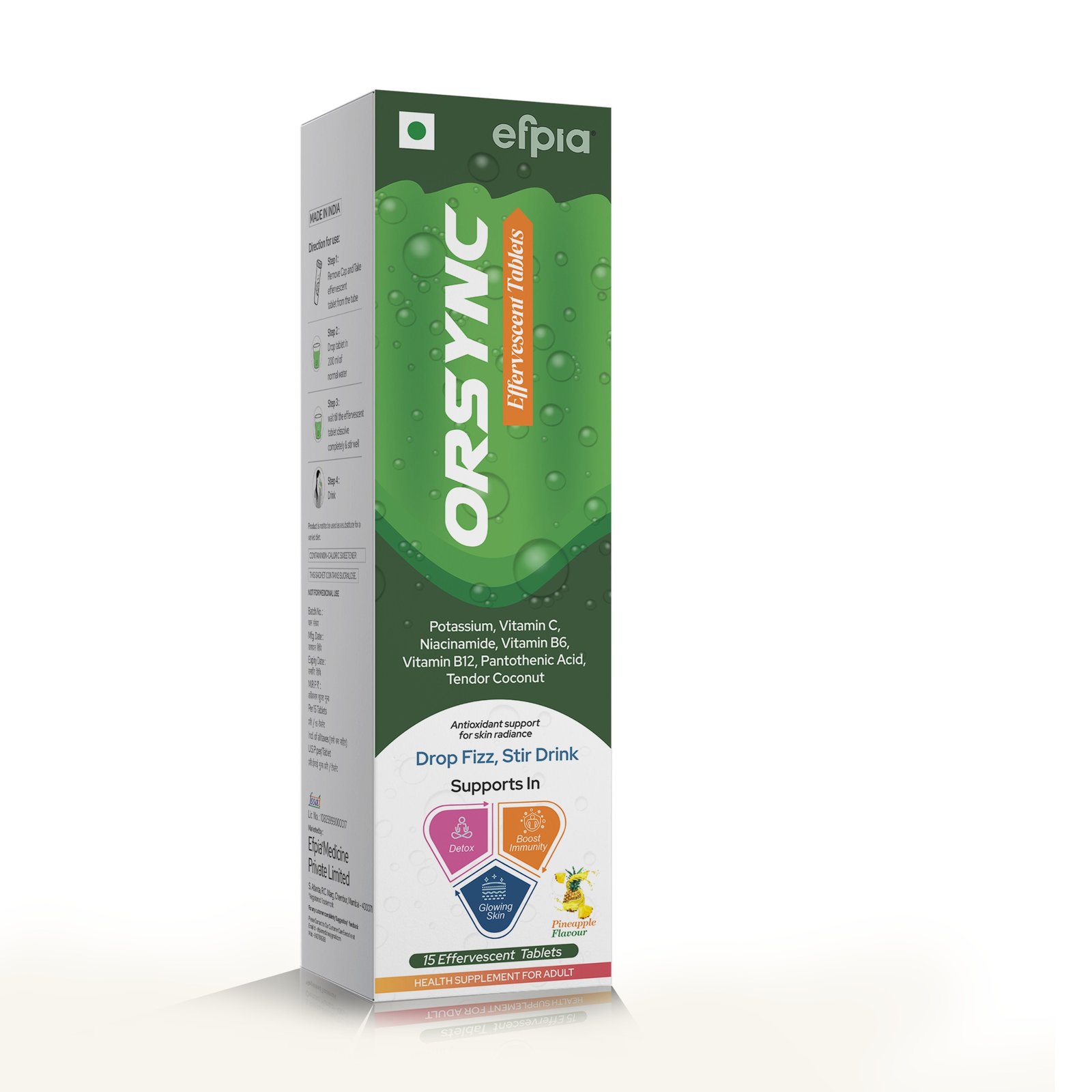 Potassium, Vitamin C, Nicotinamide, Vitamin B6, B1, Pantothenic Acid & Tender Coconut Effervescent Tablets - Orsync Effervescent Tablets - Efpia Medicine